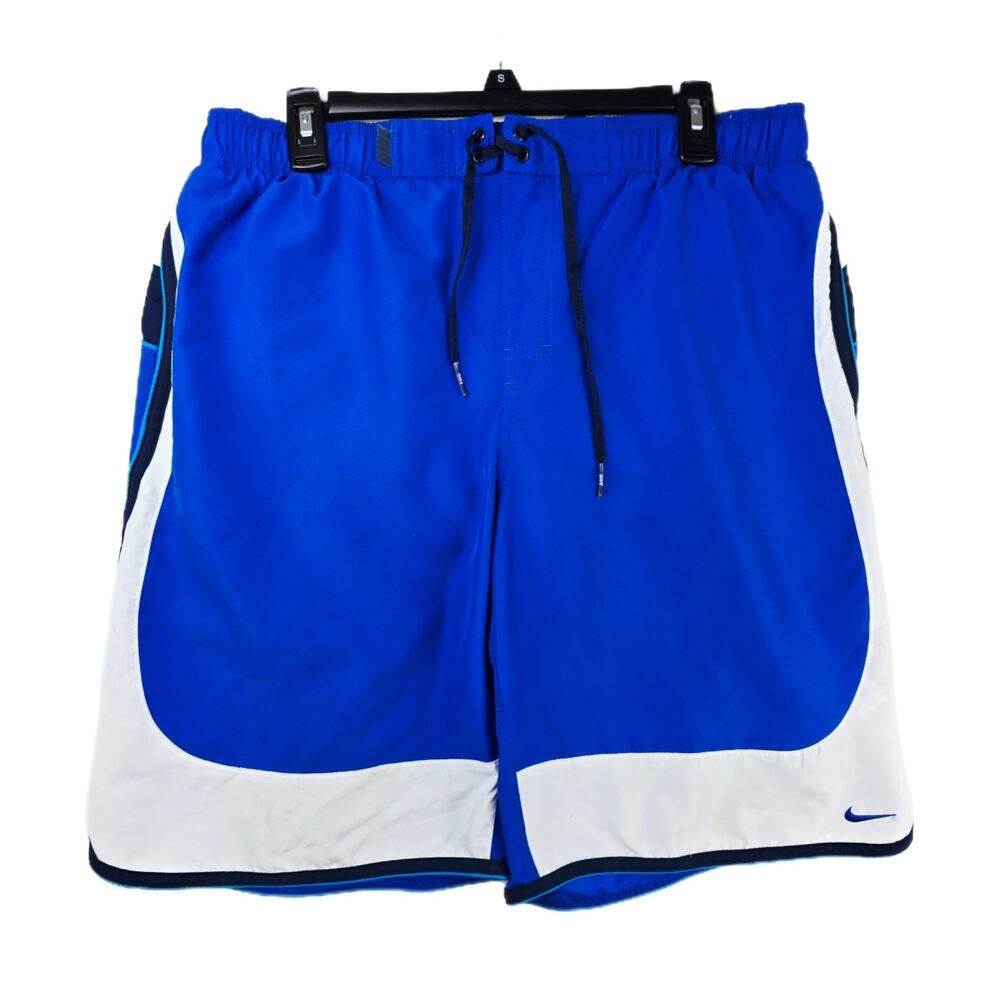 Vintage Nike Board Shorts Mens Large Blue White Y2K Swim Trunks Beach Summer